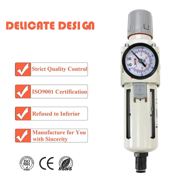 RIH Store Pneumatics 1/2"NPT Auto Drain Air Filter Pressure Regulator Combo Piggyback, air Pressure Regulator，Water Separator air Compressor(1/2"NPT) - Image 4